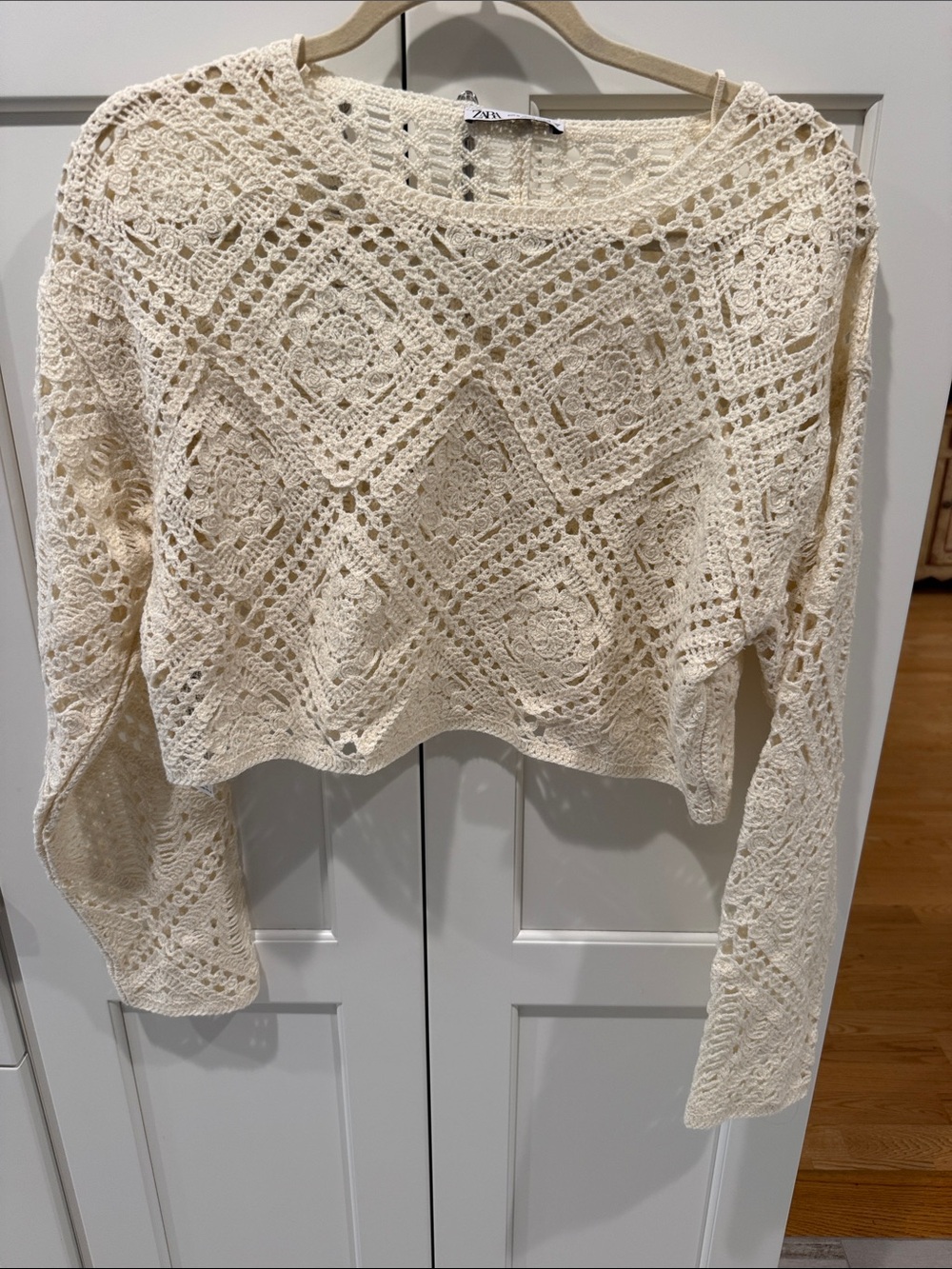 Zara Cream Crochet Open-Knit Scoop Neck Sweater